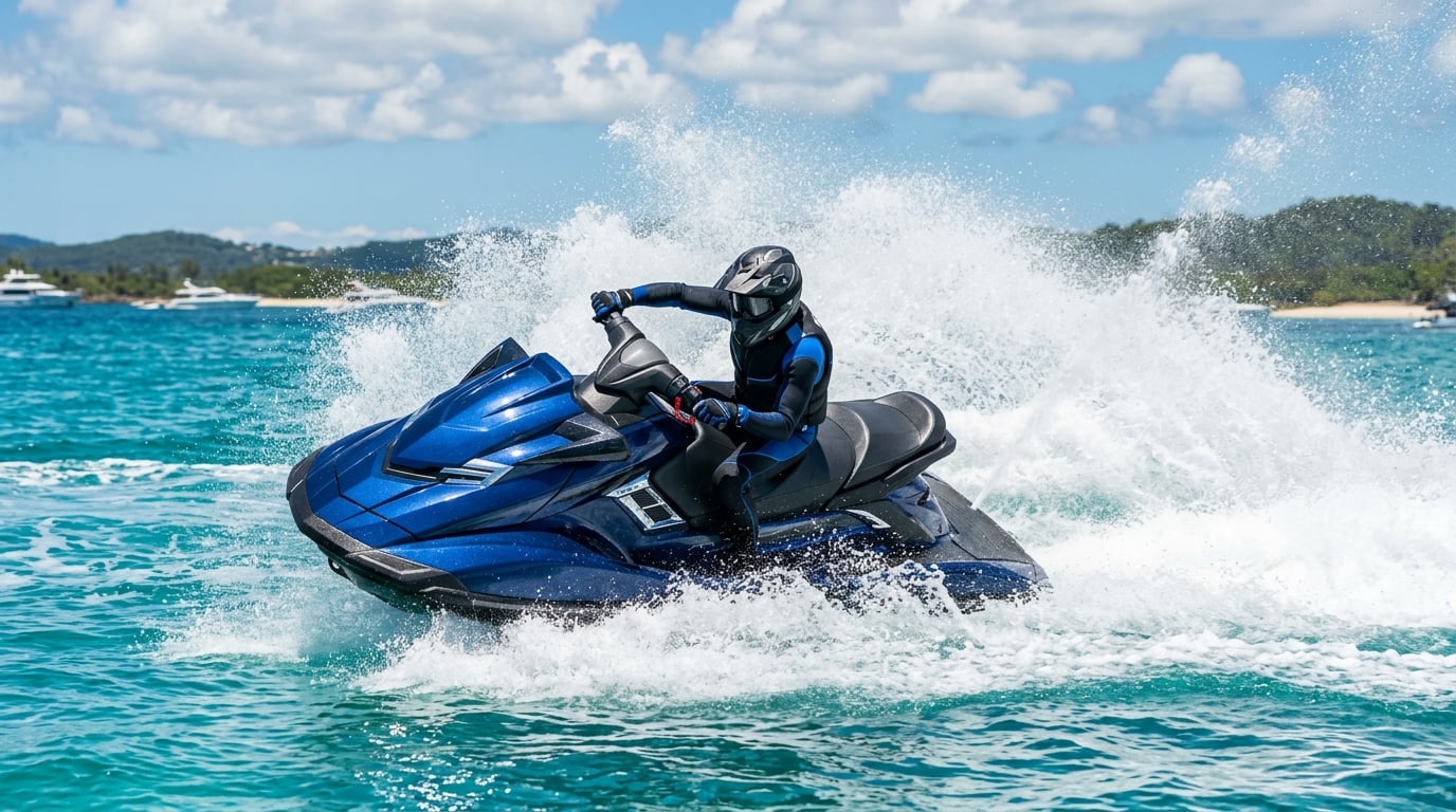 Jet ski en virage serré sur eau turquoise